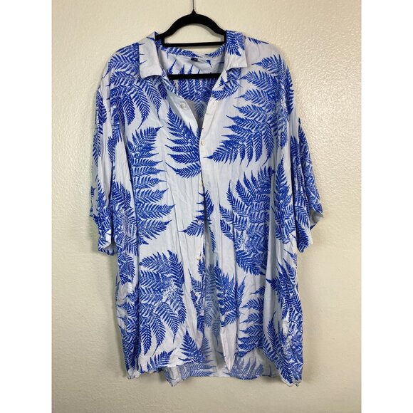 Luxury Design In Italy Blue White Tropical Fern Button Up Shirt Men size 4XL - Picture 1 of 15